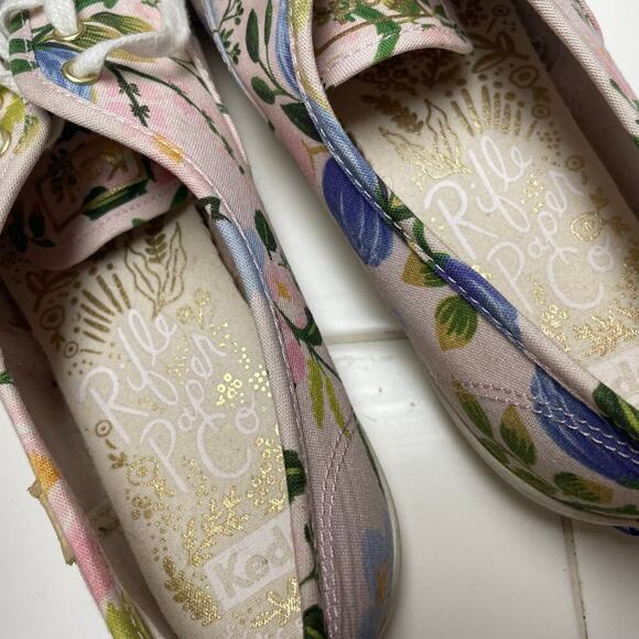 Keds Rifle Paper Co Pink Floral Sneakers Size 8.5 Womens Spring Lace Up Gold - Picture 2 of 7